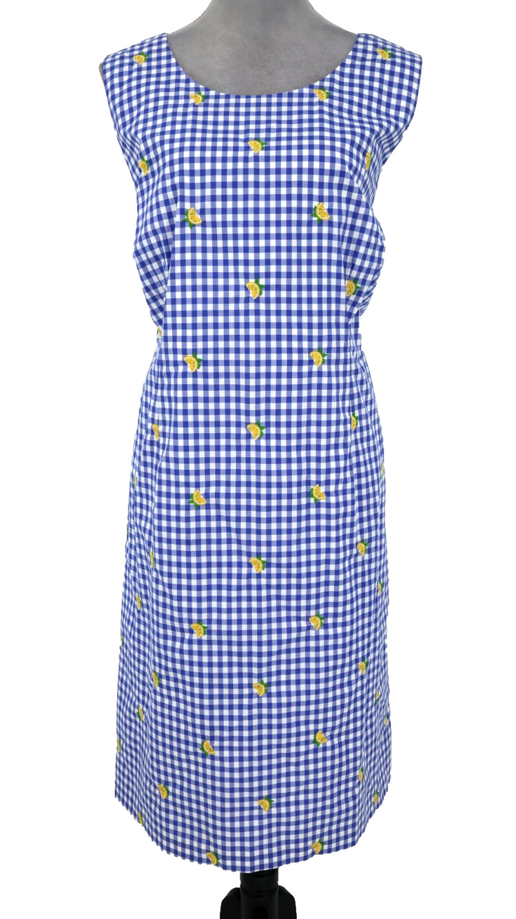 Talbots Dress Plus Size 14W Blue White Plaid Cotton Embroidered Lemons Lined Zip